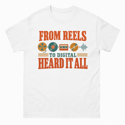 White vintage t-shirt with From Reels To Digital Heard It All printed front design