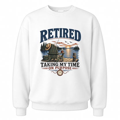 White vintage sweatshirt with Retired Taking My Time On Purpose Taking My Time On Purpose printed front design