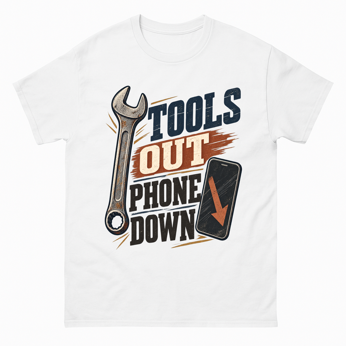 White vintage t-shirt with Tools Out. Phone Down printed front design