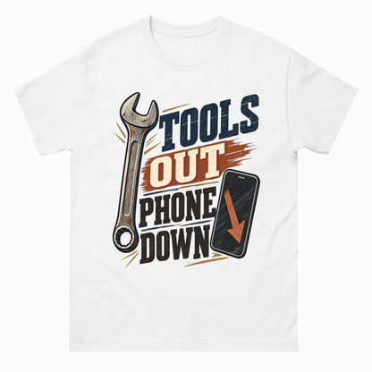 White vintage t-shirt with Tools Out. Phone Down printed front design