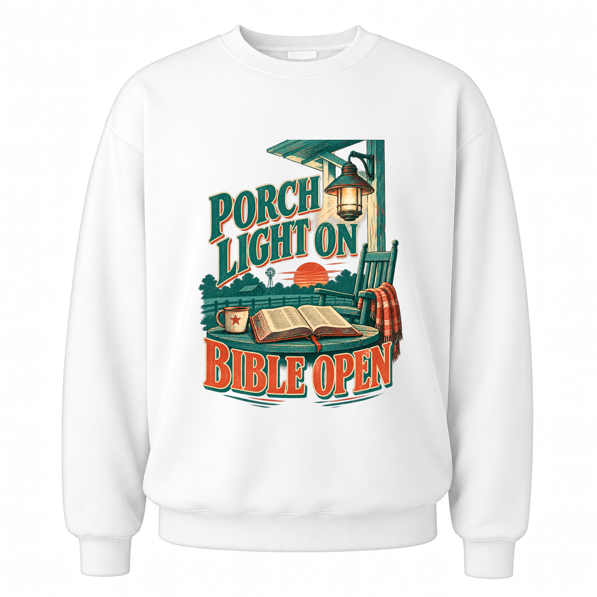 White vintage sweatshirt with Porch Light On Bible Open printed front design