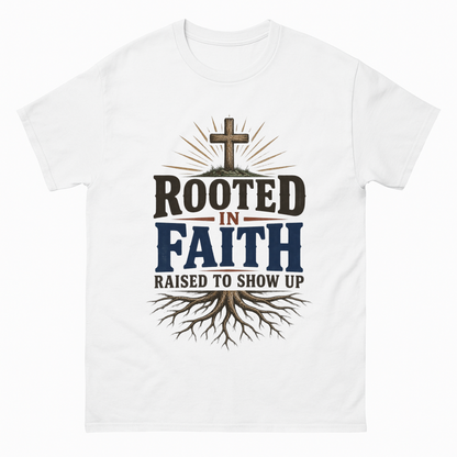 White vintage t-shirt with Rooted In Faith Raised To Show Up printed front design