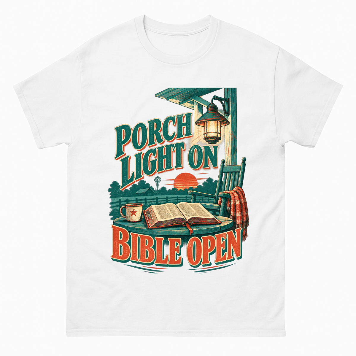 White vintage t-shirt with Porch Light On Bible Open printed front design