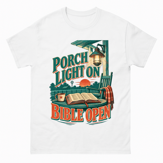 White vintage t-shirt with Porch Light On Bible Open printed front design