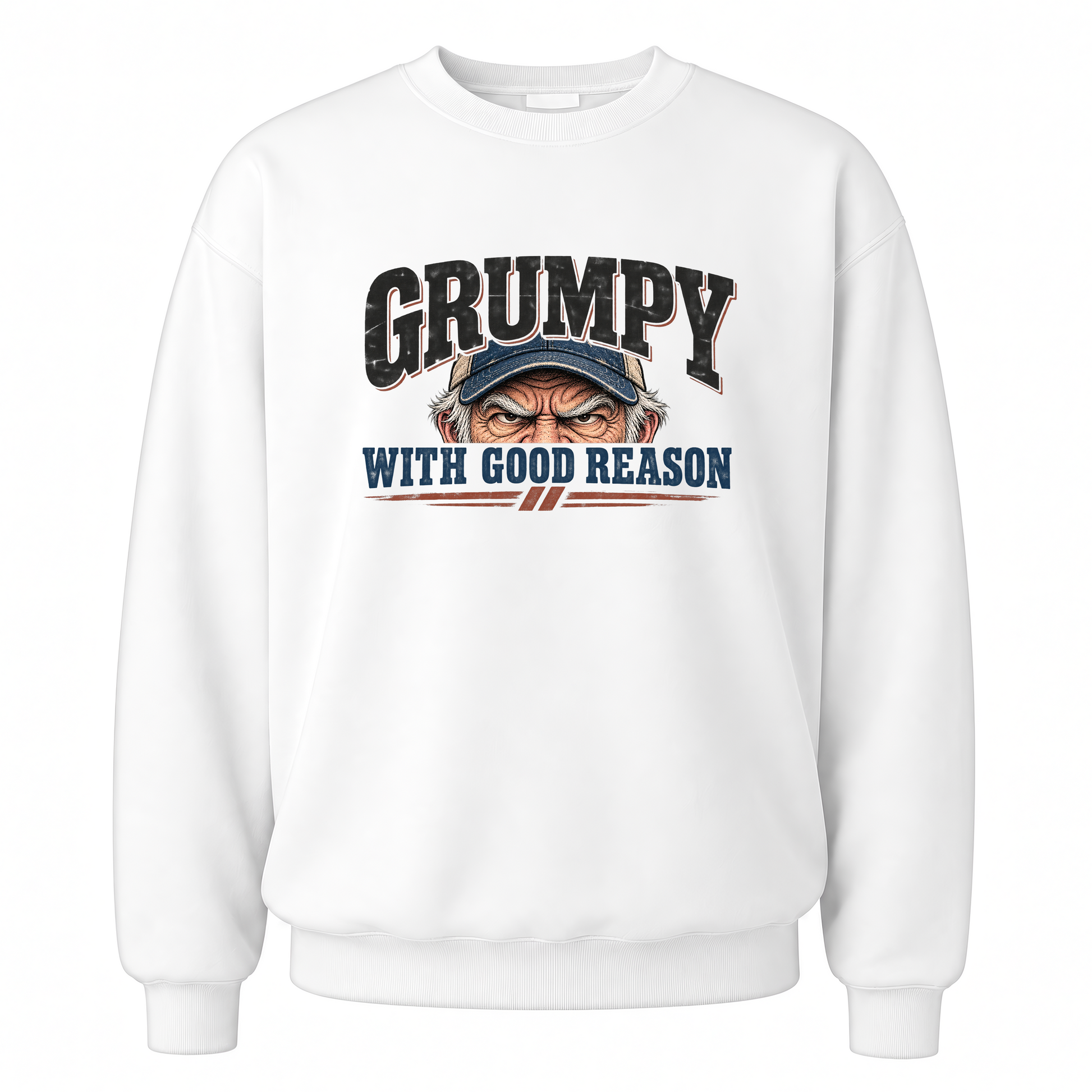 White vintage sweatshirt with Grumpy With Good Reason printed front design