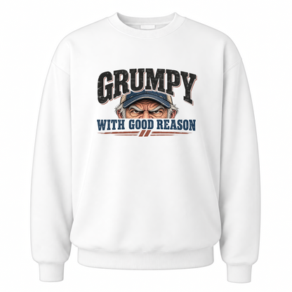 White vintage sweatshirt with Grumpy With Good Reason printed front design