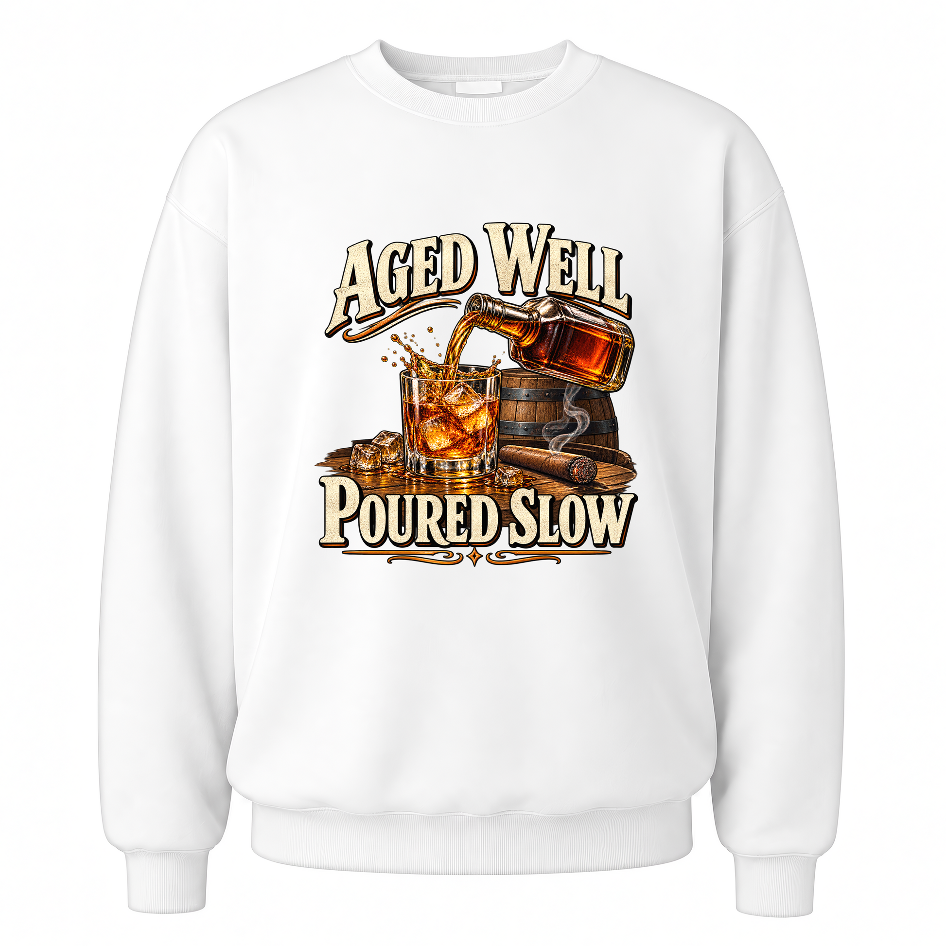 White vintage sweatshirt with Aged Well. Poured Slow printed front design