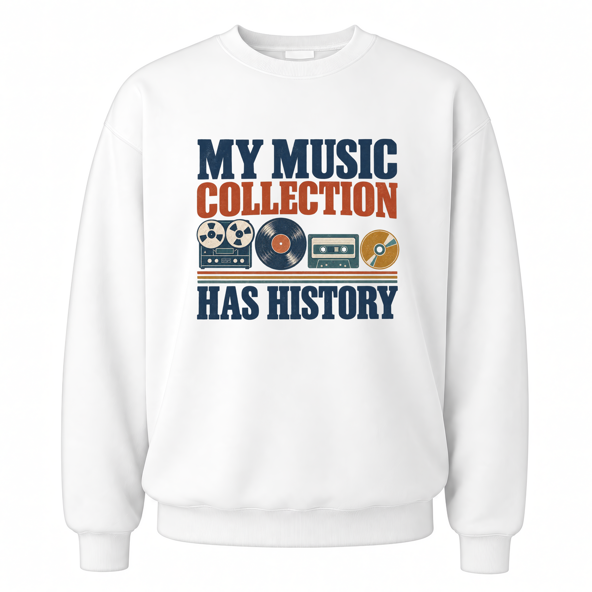 White vintage sweatshirt with My Music Collection Has History printed front design