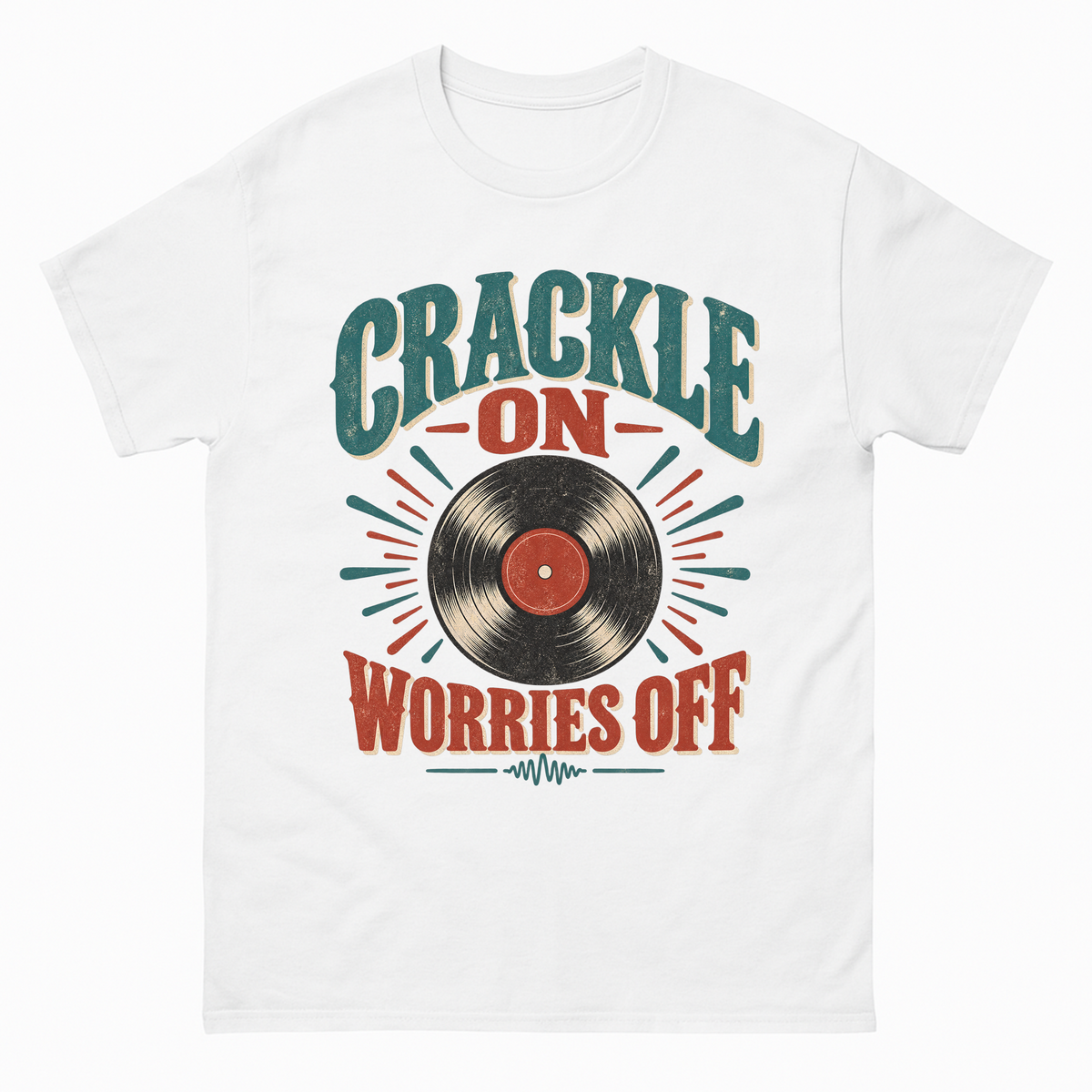 White vintage t-shirt with Crackle On Worries Off printed front design