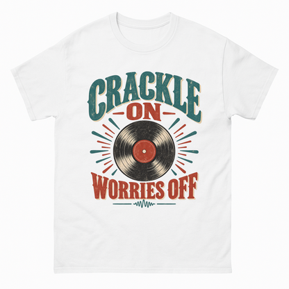 White vintage t-shirt with Crackle On Worries Off printed front design