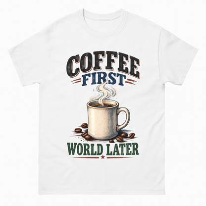 White vintage t-shirt with Coffee First. World Later printed front design