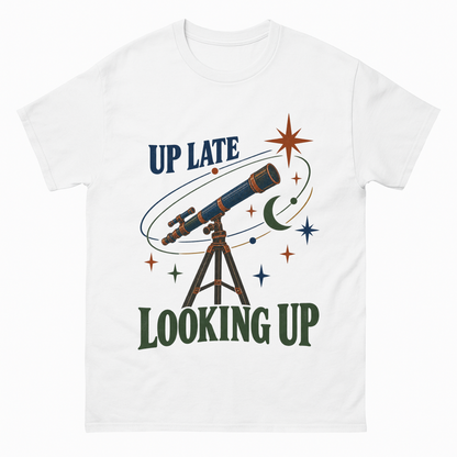 White vintage t-shirt with Up Late Looking Up printed front design