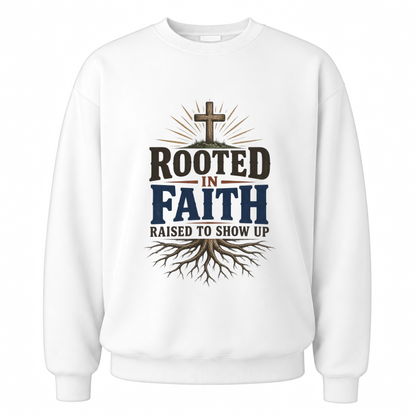 White vintage sweatshirt with Rooted In Faith Raised To Show Up printed front design