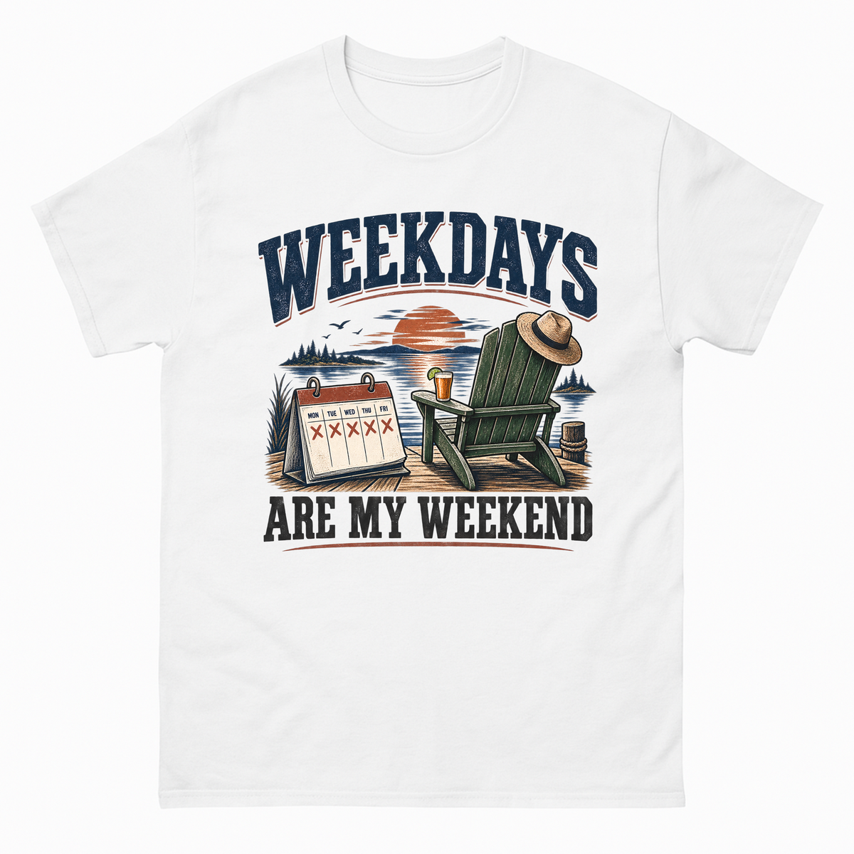 White vintage t-shirt with Weekdays Are My Weekend printed front design