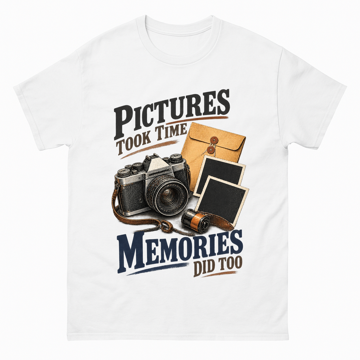 White vintage t-shirt with Pictures Took Time. Memories Did Too printed front design