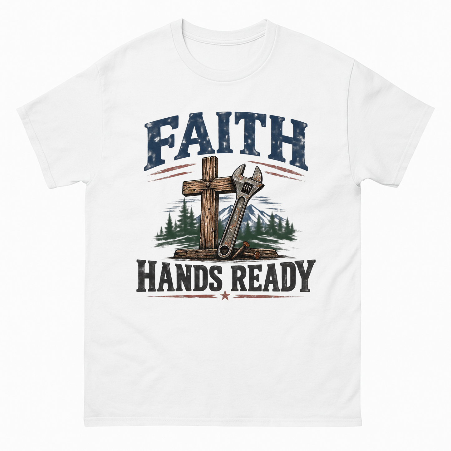 White vintage t-shirt with Faith Hands Ready printed front design