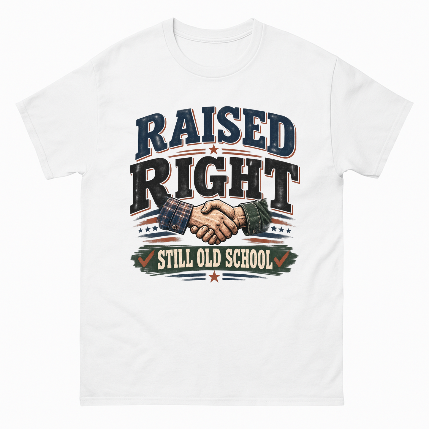 White vintage t-shirt with Raised Right Still Old School printed front design