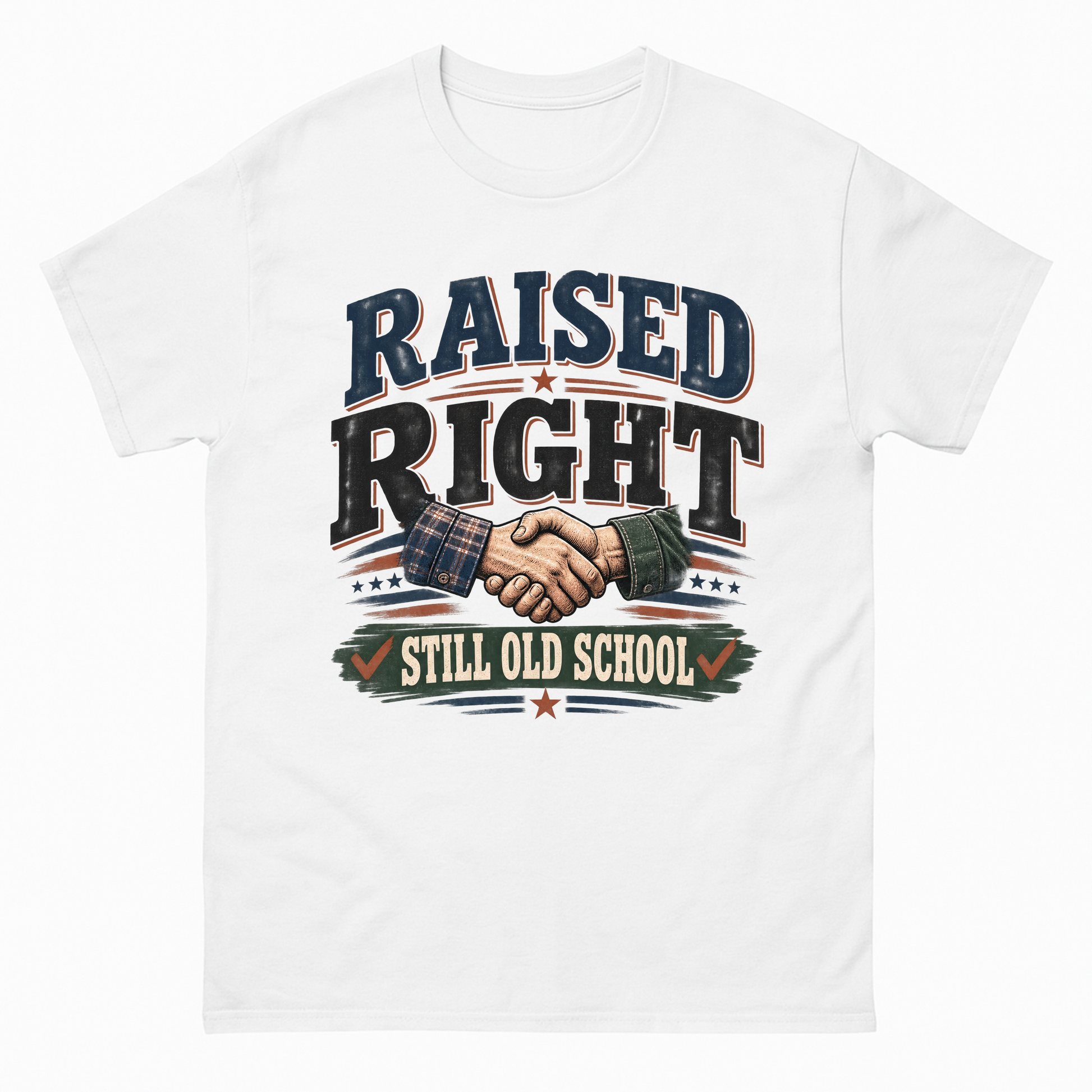 White vintage t-shirt with Raised Right Still Old School printed front design