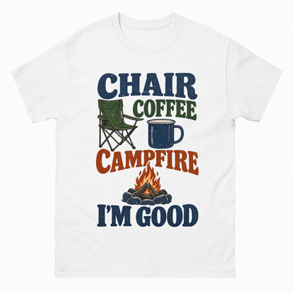White vintage t-shirt with Chair Coffee Campfire. I'm Good printed front design