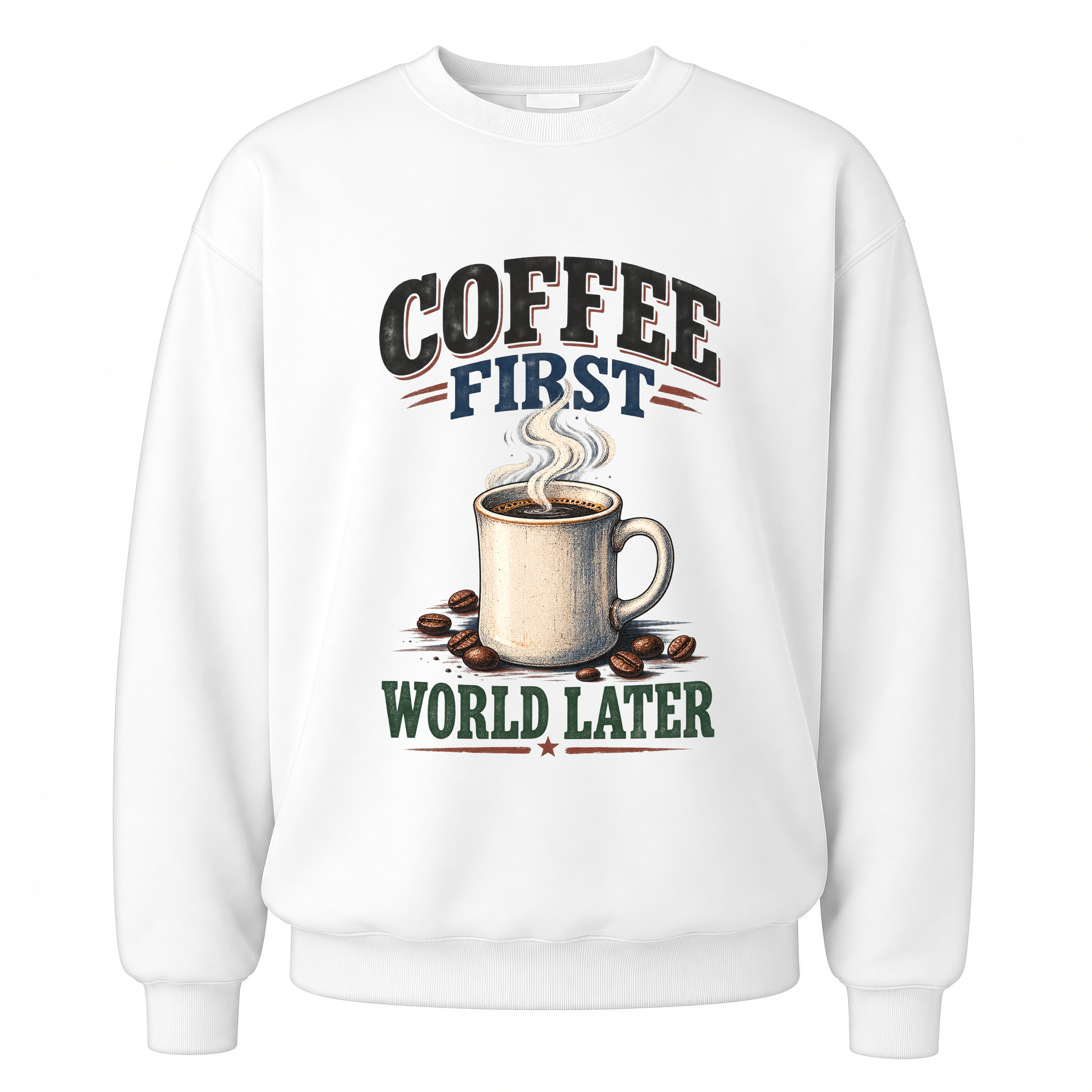 White vintage sweatshirt with Coffee First. World Later printed front design