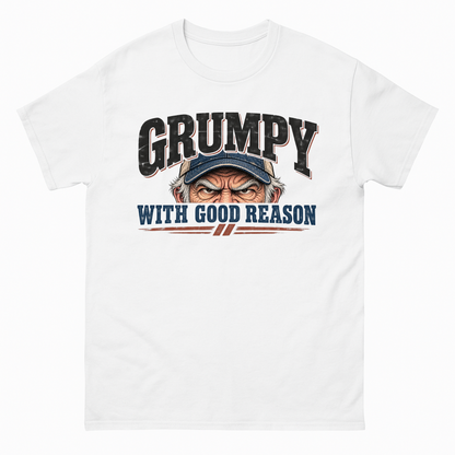 White vintage t-shirt with Grumpy With Good Reason printed front design