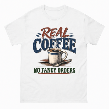 White vintage t-shirt with Real Coffee. No Fancy Orders printed front design