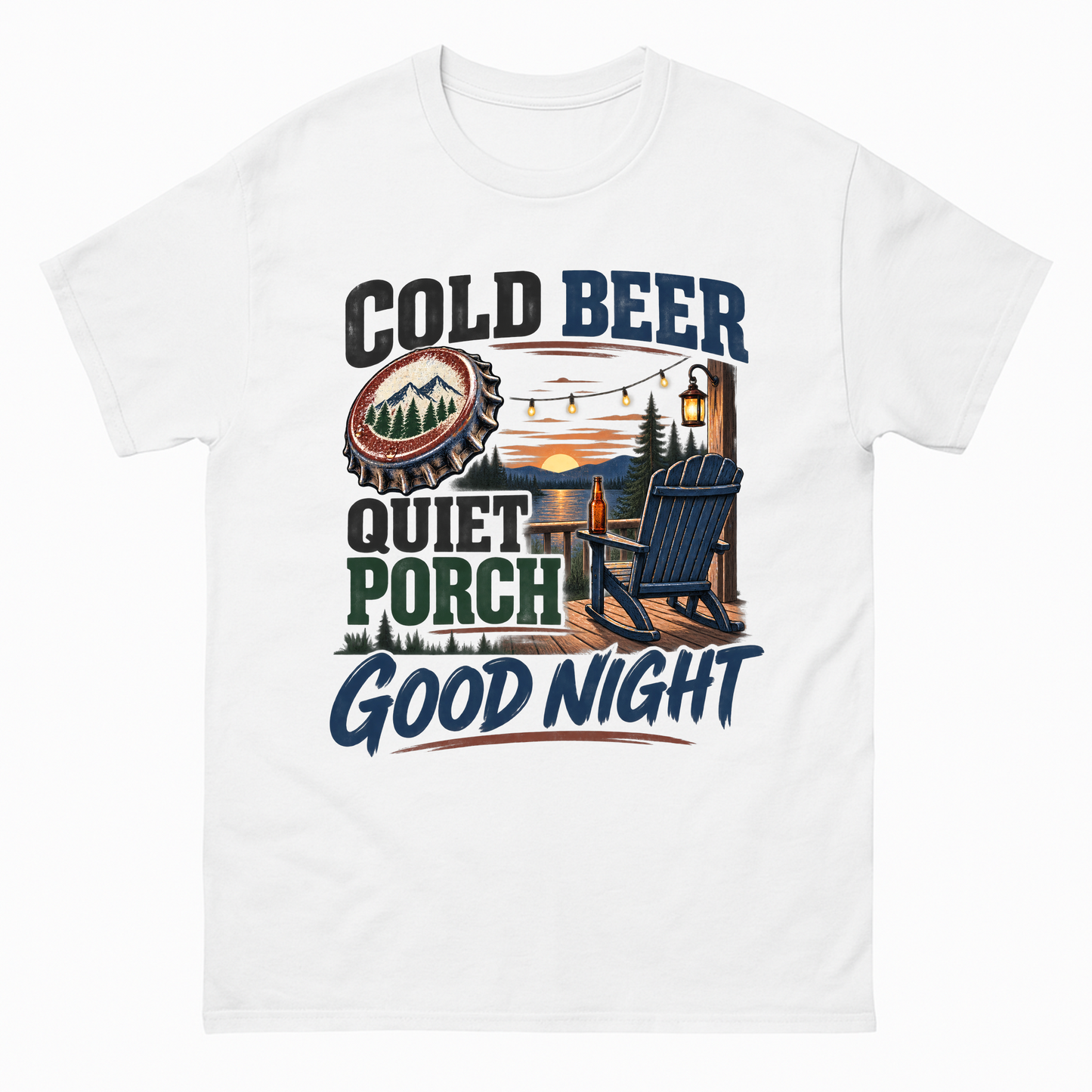White vintage t-shirt with Cold Beer Quiet Porch Good Night printed front design