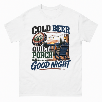 White vintage t-shirt with Cold Beer Quiet Porch Good Night printed front design