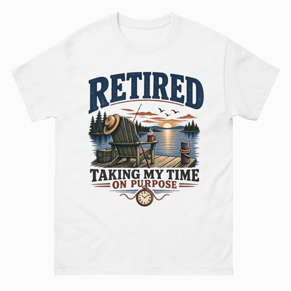 White vintage t-shirt with Retired Taking My Time On Purpose Taking My Time On Purpose printed front design