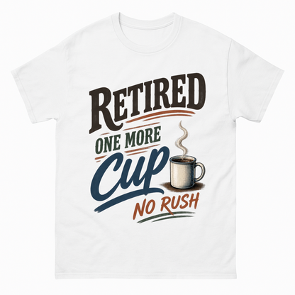 White vintage t-shirt with Retired One More Cup. No Rush printed front design