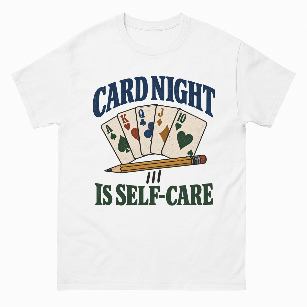White vintage t-shirt with Card Night Is Self-Care printed front design