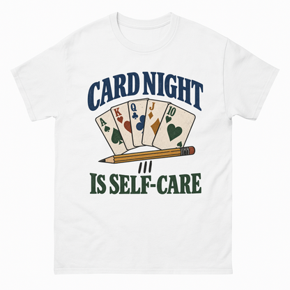 White vintage t-shirt with Card Night Is Self-Care printed front design