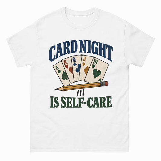 White vintage t-shirt with Card Night Is Self-Care printed front design