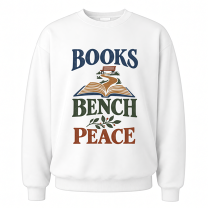 White vintage sweatshirt with Books Bench Peace printed front design