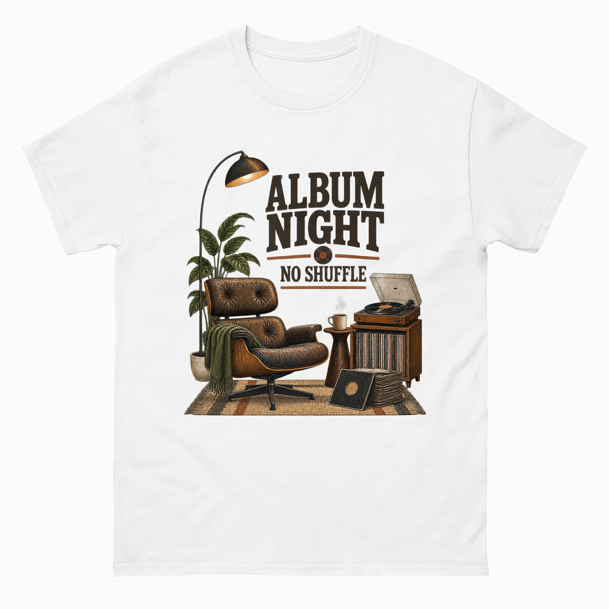 White vintage t-shirt with Album Night. No Shuffle printed front design