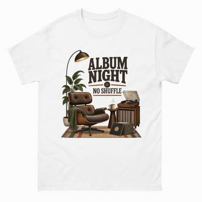 White vintage t-shirt with Album Night. No Shuffle printed front design