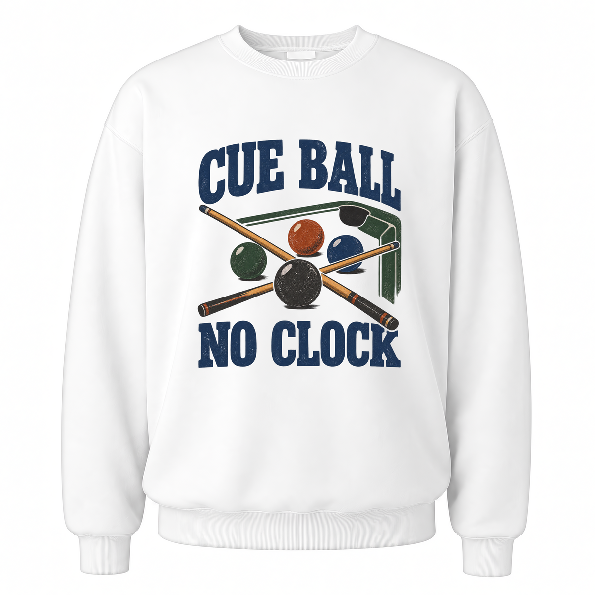White vintage sweatshirt with Cue Ball No Clock printed front design