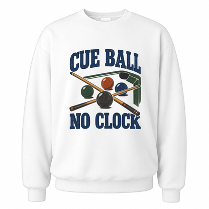 White vintage sweatshirt with Cue Ball No Clock printed front design