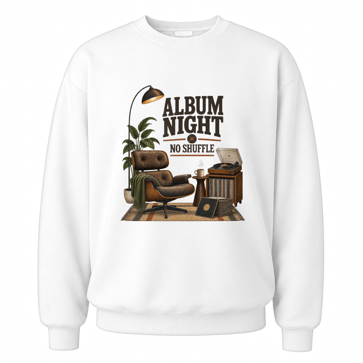 White vintage sweatshirt with Album Night. No Shuffle printed front design