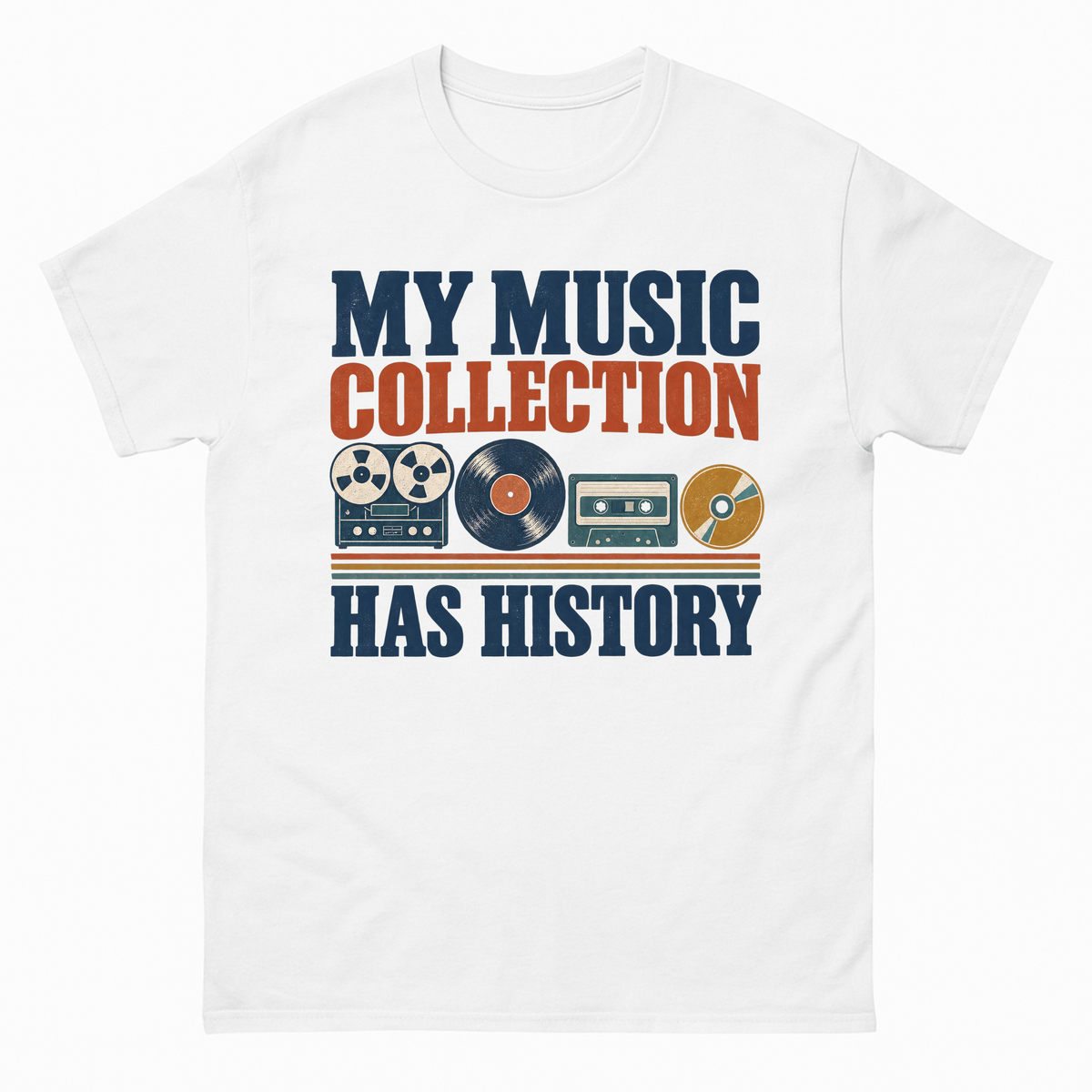 White vintage t-shirt with My Music Collection Has History printed front design