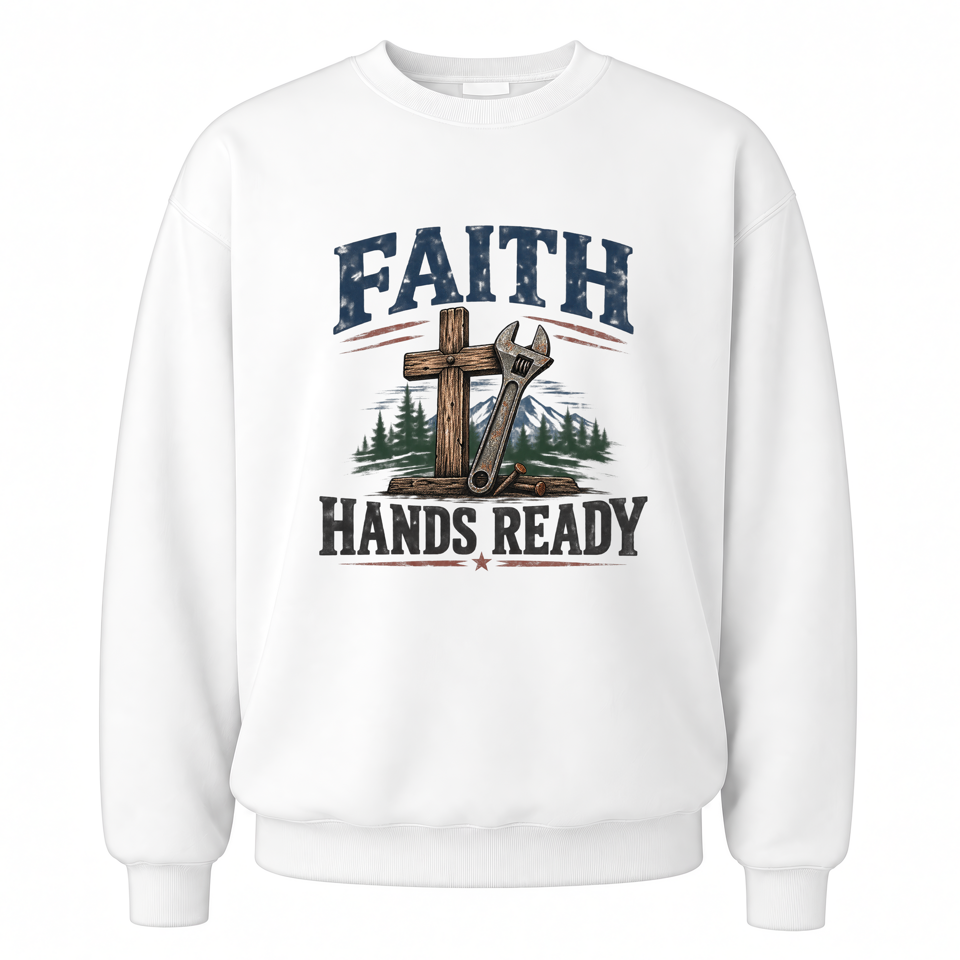 White vintage sweatshirt with Faith Hands Ready printed front design