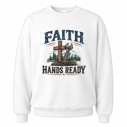 White vintage sweatshirt with Faith Hands Ready printed front design