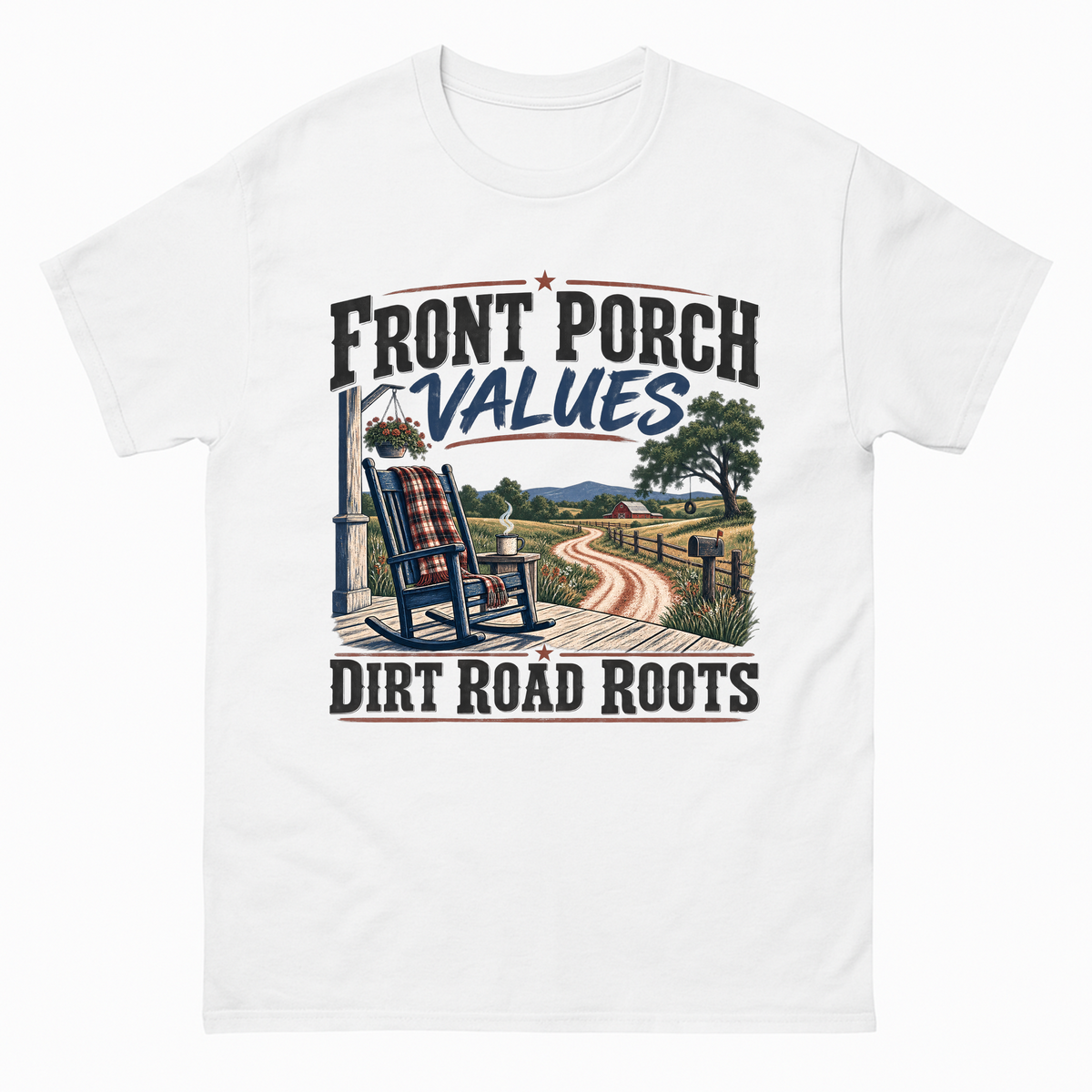 White vintage t-shirt with Front Porch Values. Dirt Road Roots printed front design
