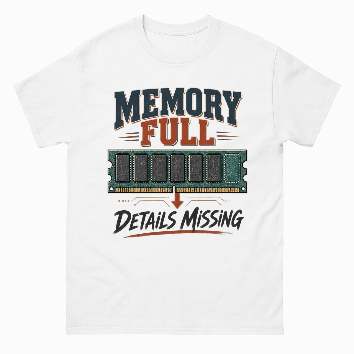 White vintage t-shirt with Memory Full Details Missing printed front design