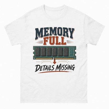 White vintage t-shirt with Memory Full Details Missing printed front design