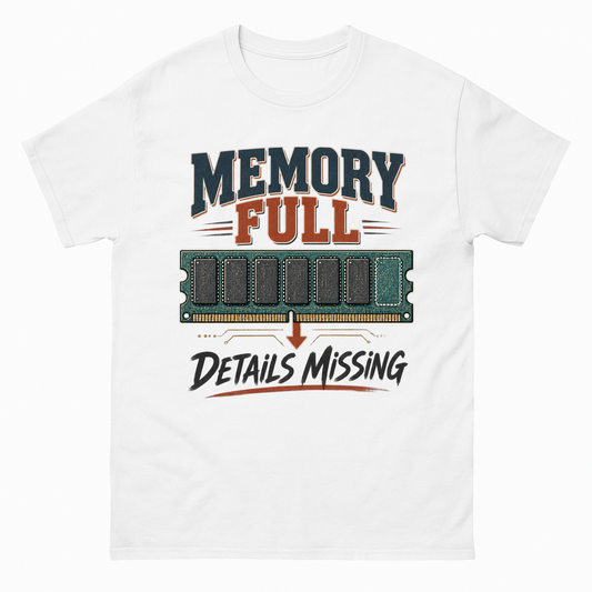 White vintage t-shirt with Memory Full Details Missing printed front design