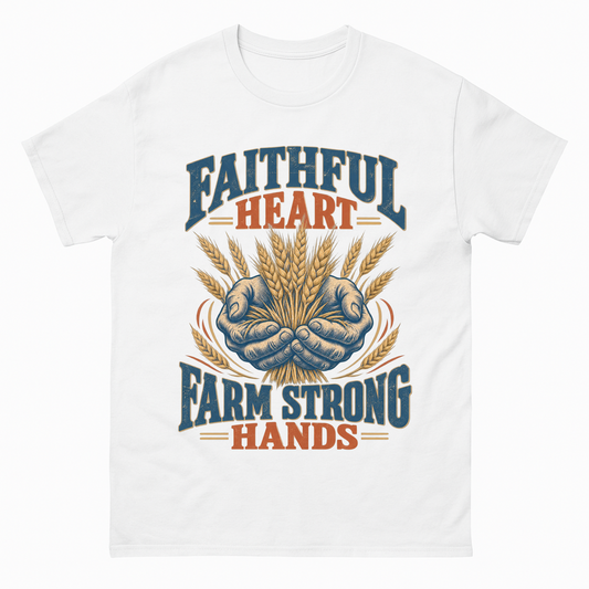 White vintage t-shirt with Faithful Heart Farm Strong Hands printed front design