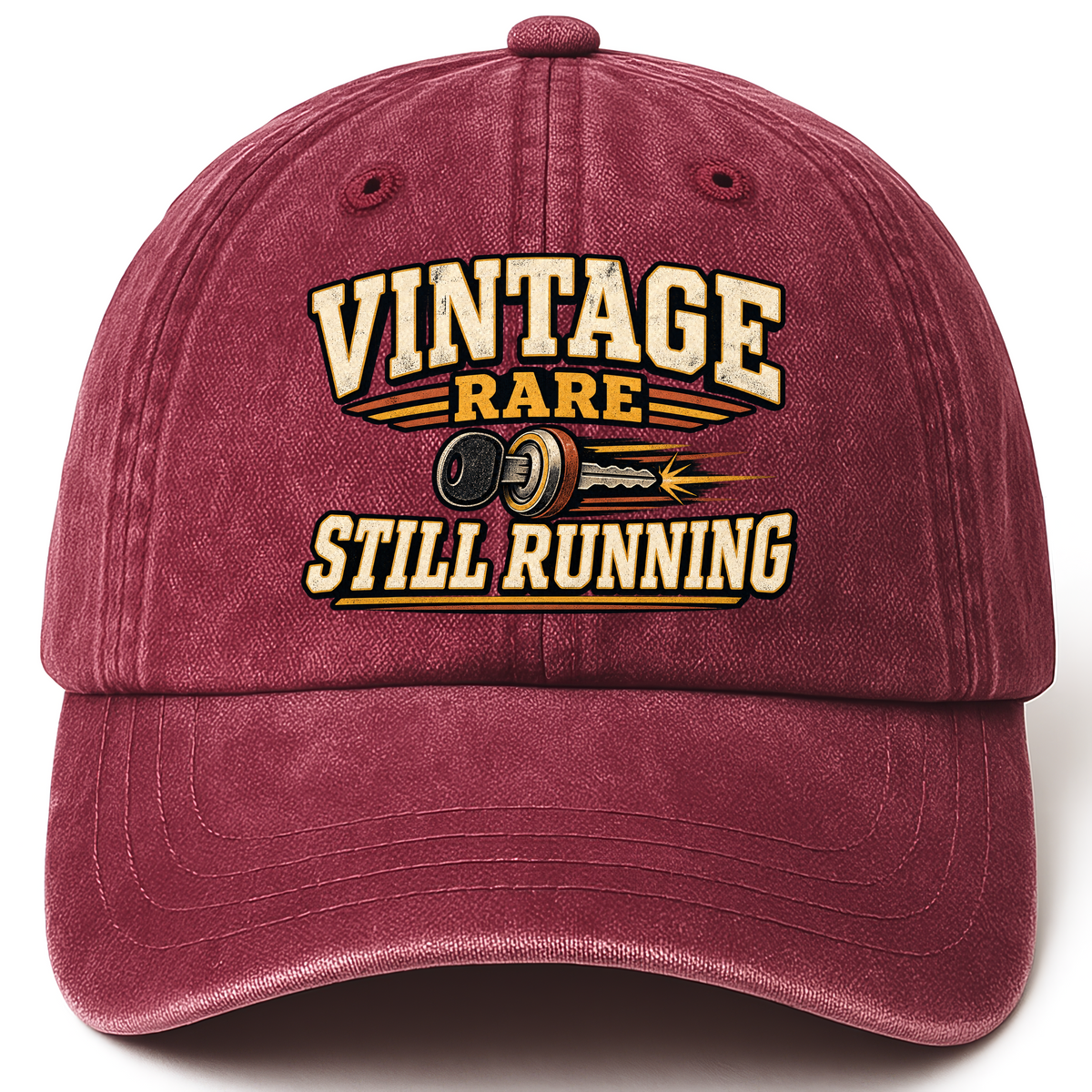 Wine Red vintage washed cap with Vintage Rare Still Running printed front design