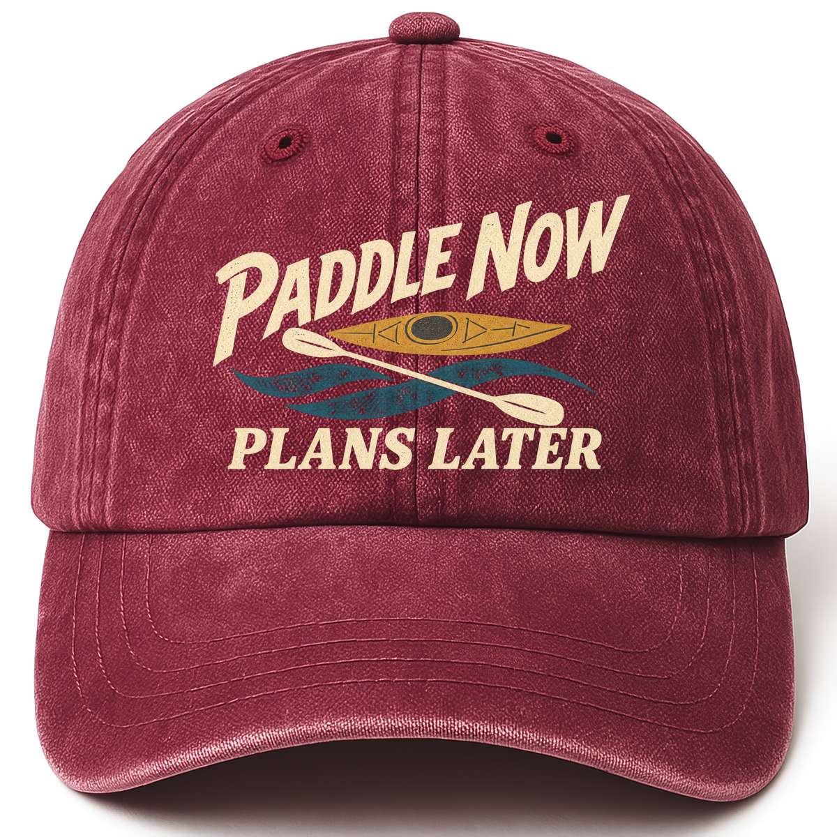 Wine Red vintage washed cap with Paddle Now Plans Later printed front design