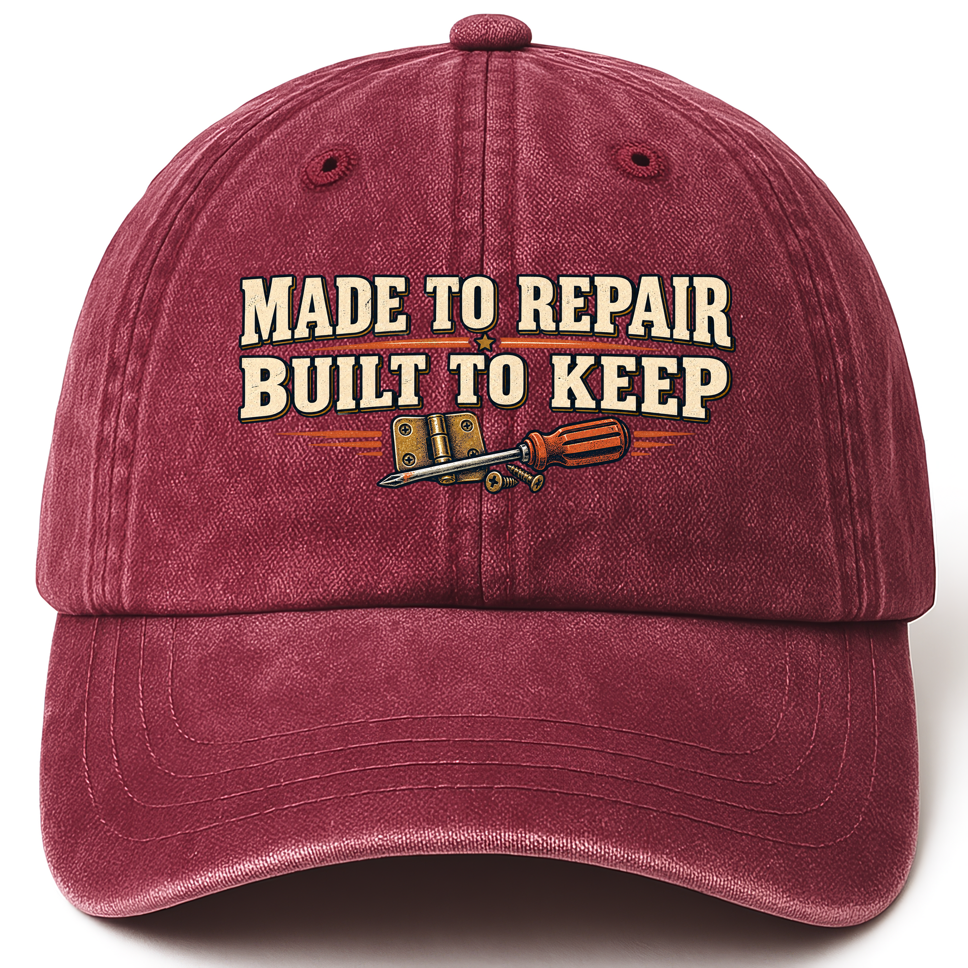 Wine Red vintage washed cap with Made To Repair. Built To Keep printed front design